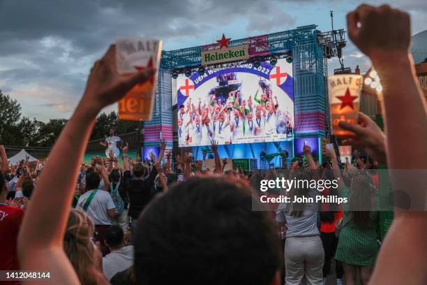 View of the stage during the UEFA Women's EURO 2022 Final screening at the Heineken Greener Bar fan zone at The Truman Brewery on July 31, 2022 in...