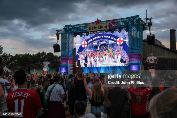 View of the stage during the UEFA Women's EURO 2022 Final screening at the Heineken Greener Bar fan zone at The Truman Brewery on July 31, 2022 in...