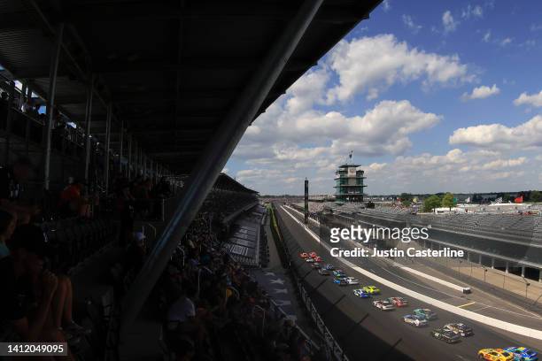 General view of racing during the NASCAR Cup Series Verizon 200 at the Brickyard at Indianapolis Motor Speedway on July 31, 2022 in Indianapolis,...