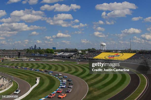 General view of racing during the NASCAR Cup Series Verizon 200 at the Brickyard at Indianapolis Motor Speedway on July 31, 2022 in Indianapolis,...