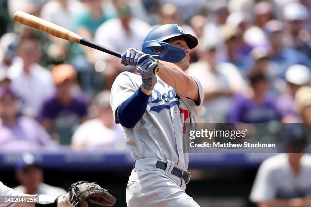 James Outman of the Los Angeles Dodgers hits a two RBI home run in his Major League Baseball debut against the Colorado Rockies in the third inning...