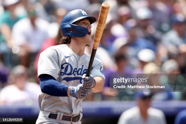 James Outman of the Los Angeles Dodgers hits a two RBI home run in his Major League Baseball debut against the Colorado Rockies in the third inning...