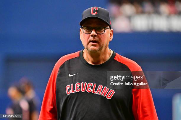 Manager Terry Francona of the Cleveland Guardians looks on after relieving Kirk McCarty in the seventh inning against the Tampa Bay Rays at Tropicana...