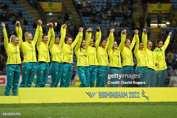 Gold Medalists, Team Australia celebrate during the Rugby Sevens Women's medal ceremony on day three of the Birmingham 2022 Commonwealth Games at...