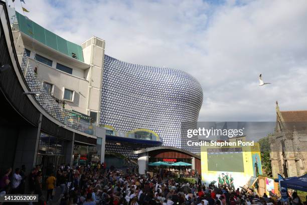 Fans watch England against Germany in the UEFA Euro Womens championship final on a big screen outside Bullring shopping centre on day three of the...
