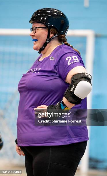 Skater from Rainy City roller derby competes on track at Salford University Sports Club on July 31, 2022 in Manchester, England.