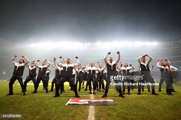 Team New Zealand Men and Women perform the Haka during the Rugby Sevens medal ceremony on day three of the Birmingham 2022 Commonwealth Games at...