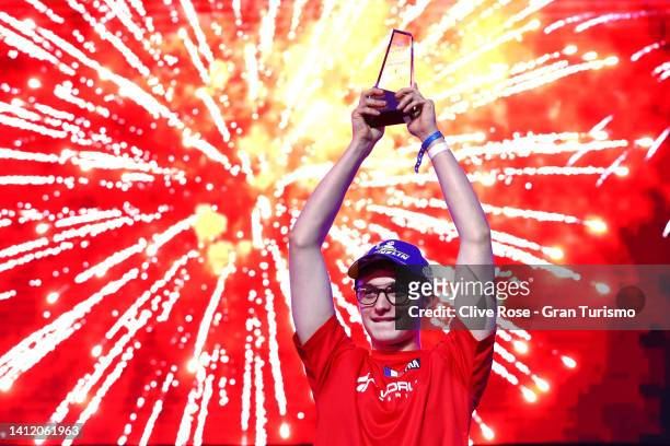 Kylian Drumont of France celebrates after winning the Nations Cup at the Gran Turismo World Series Showdown held at Hangar-7 on July 31, 2022 in...