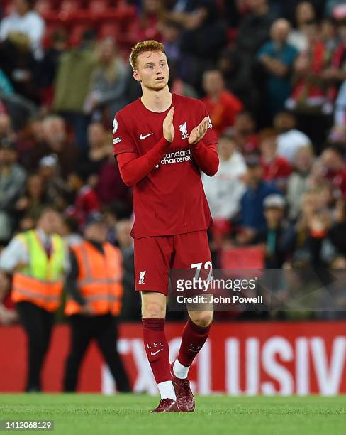 Sepp van den Berg of Liverpool at the end of the Pre-Season Friendly between Liverpool v RC Strasbourg at Anfield on July 31, 2022 in Liverpool,...