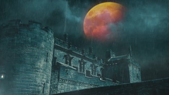 Castle with Rain Lightning and Blood Moon 4K Loop