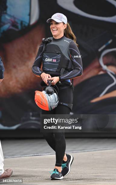 Catherine, Duchess of Cambridge during her visit to the 1851 Trust and the Great Britain SailGP Team on July 31, 2022 in Plymouth, England. During...