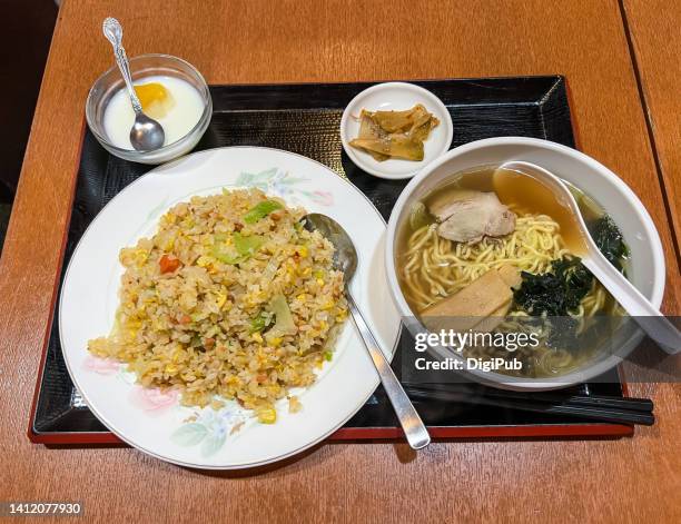 salmon lettuce chahan and chuka noodle teishoku - almond jelly stock pictures, royalty-free photos & images