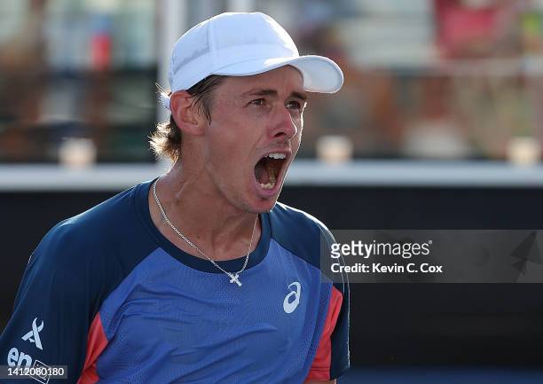 Alex de Minaur of Australia reacts after defeating Jenson Brooksby during the singles final of the Atlanta Open at Atlantic Station on July 31, 2022...