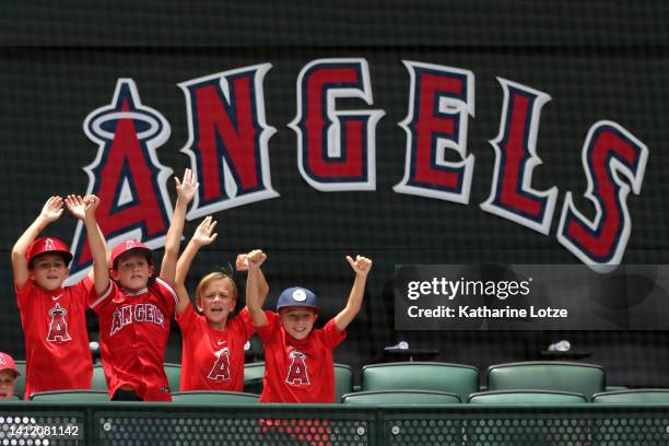 Los Angeles Angels fans react ahead of a game between the Los Angeles Angels and the Texas Rangers at Angel Stadium of Anaheim on July 31, 2022 in...