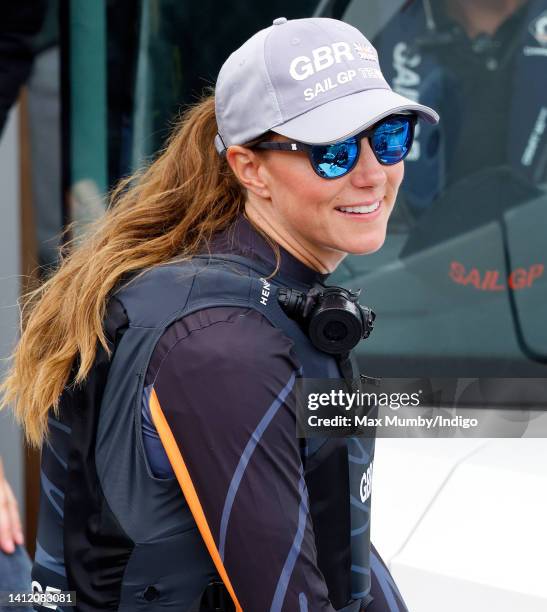 Catherine, Duchess of Cambridge returns to shore after sailing an F50 foiling catamaran, in a race against New Zealand, during a visit to the 1851...