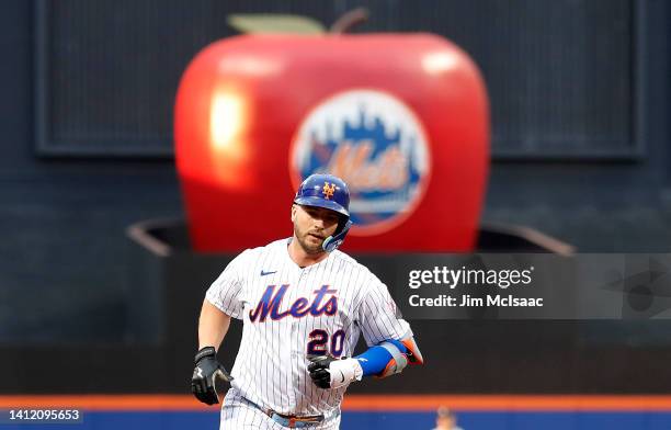 Pete Alonso of the New York Mets runs the bases after his second inning home run against the New York Yankees at Citi Field on July 27, 2022 in New...