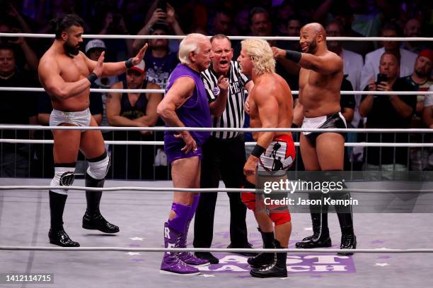 Andrade El Idolo, Ric Flair, Jeff Jarrett, and Jay Lethal in action during Ric Flair's Last Match at Nashville Municipal Auditorium on July 31, 2022...