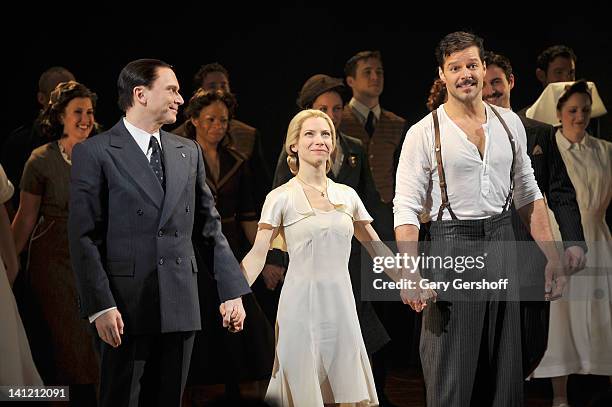 Actors Michael Cerveris, Elena Roger and Ricky Martin take a bow at the "Evita" Broadway revival curtain call at the Marriott Marquis Hotel on March...