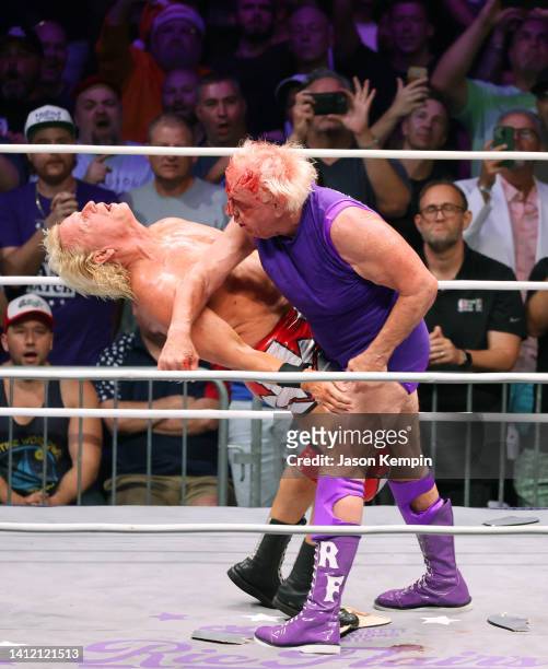 Wrestler's Jeff Jarrett and Ric Flair are seen in action during "Ric Flair's Last Match" at Nashville Municipal Auditorium on July 31, 2022 in...