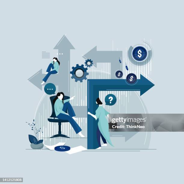 businesswoman looking at the labyrinth of arrows looking for the right direction concept - confusion stock illustrations