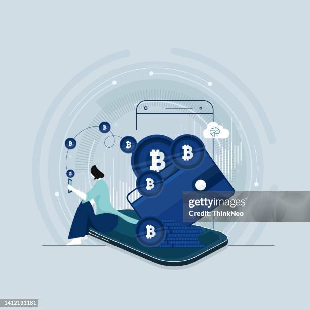 cryptocurrency wallet app, bitcoin and money market with block chain technology - financial technology stock illustrations