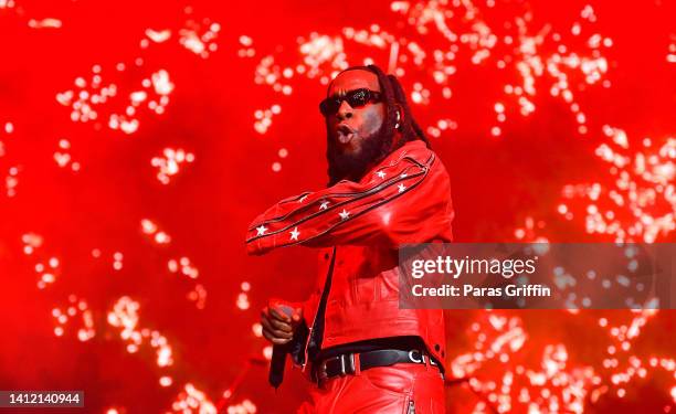 Recording artist Burna Boy performs in concert during the final stop of his "Love, Damini Summer 2022" tour at State Farm Arena on July 31, 2022 in...