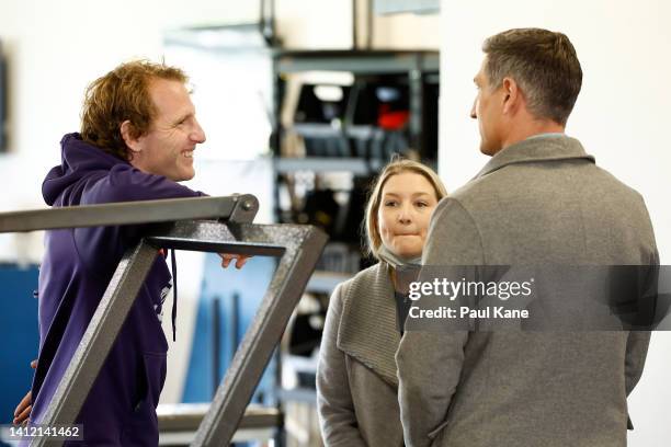 David Mundy of the Fremantle Dockers shares a moment with Matthew Pavlich after addressing the media following the announcement he will be be...