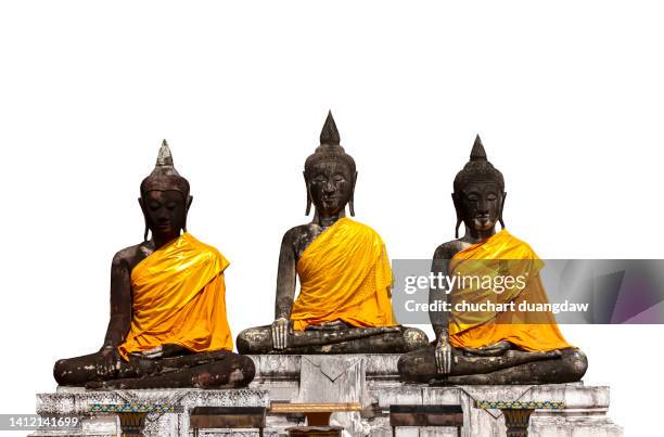 three buddha statues on white background - buddha face stock-fotos und bilder