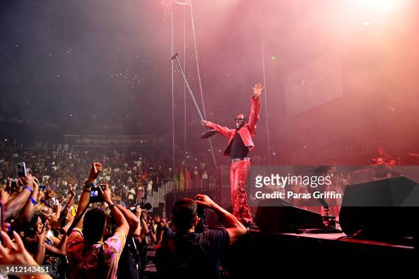 Recording artist Burna Boy performs in concert during the final stop of his "Love, Damini Summer 2022" tour at State Farm Arena on July 31, 2022 in...