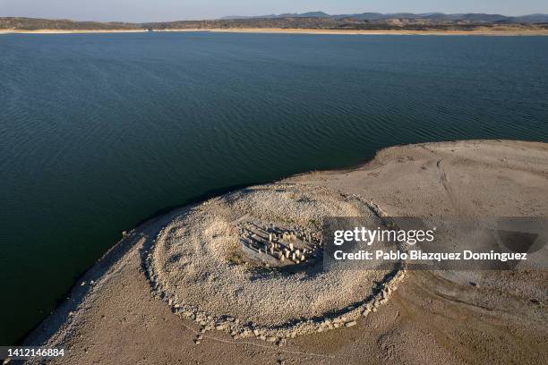 The Dolmen of Guadalperal, sometimes also known as "The Spanish Stonehenge" is seen above the water level at the Valdecanas reservoir, which is at 27...