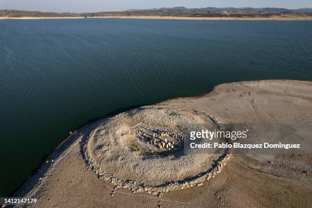 The Dolmen of Guadalperal, sometimes also known as "The Spanish Stonehenge" is seen above the water level at the Valdecanas reservoir, which is at 27...