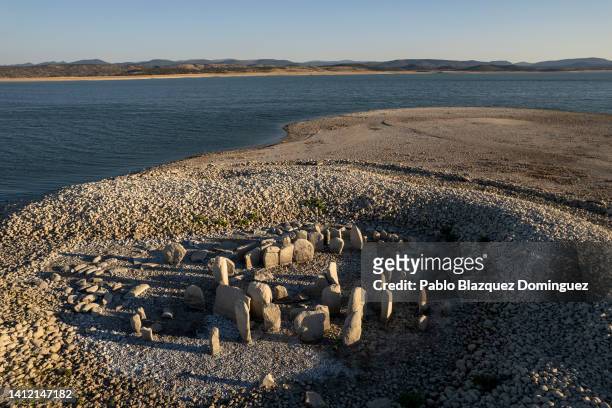 The Dolmen of Guadalperal, sometimes also known as "The Spanish Stonehenge" is seen above the water level at the Valdecanas reservoir, which is at 27...