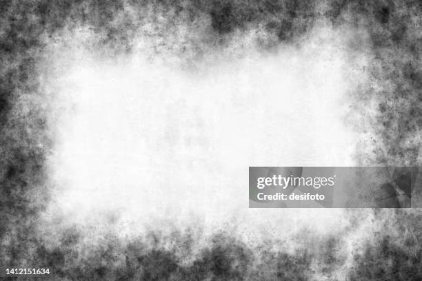 horizontal empty blank wispy rustic artistic grunge textured painted wall black and white background with gray smoky soft blotched centre or middle and dark border at all sides - visibility stock illustrations