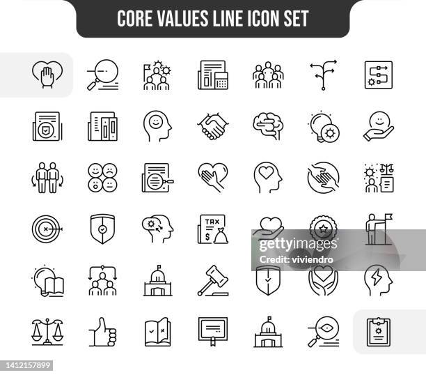 42 piece core values line icons - moral compass stock illustrations