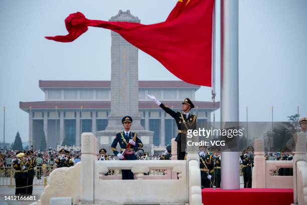 The Guard of Honor of the Chinese People's Liberation Army performs a flag-raising ceremony at Tian'anmen Square on China's Army Day on August 1,...