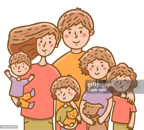 big loving family illustration - family with four children stock illustrations