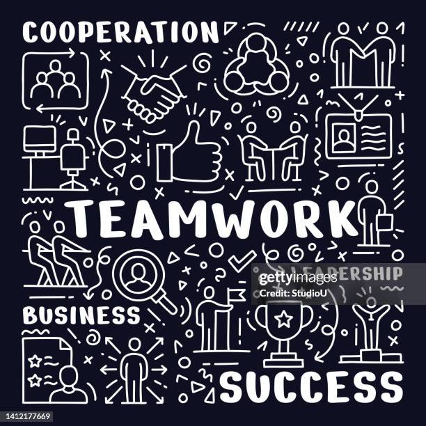 stockillustraties, clipart, cartoons en iconen met teamwork hand drawn doodle concept - business relationship