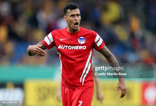 Davie Selke of Hertha BSC reacts during the DFB Cup first round match between Eintracht Braunschweig and Hertha BSC at Eintracht Stadion on July 31,...