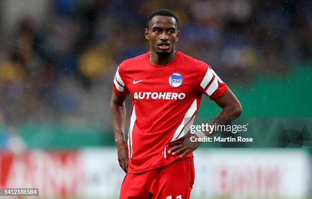 Myziane Maolida of Hertha BSC reacts during the DFB Cup first round match between Eintracht Braunschweig and Hertha BSC at Eintracht Stadion on July...