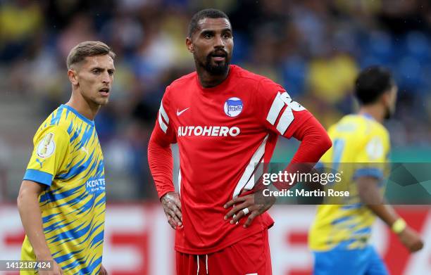 Kevin-Prince Boateng of Hertha BSC reacts during the DFB Cup first round match between Eintracht Braunschweig and Hertha BSC at Eintracht Stadion on...
