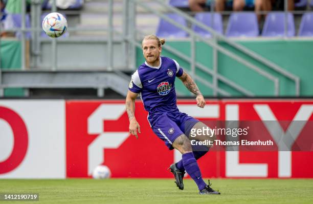 Marvin Stefaniak of Aue in action during the DFB Cup first round match between Erzgebirge Aue and 1. FSV Mainz 05 at Erzgebirgsstadion on July 31,...