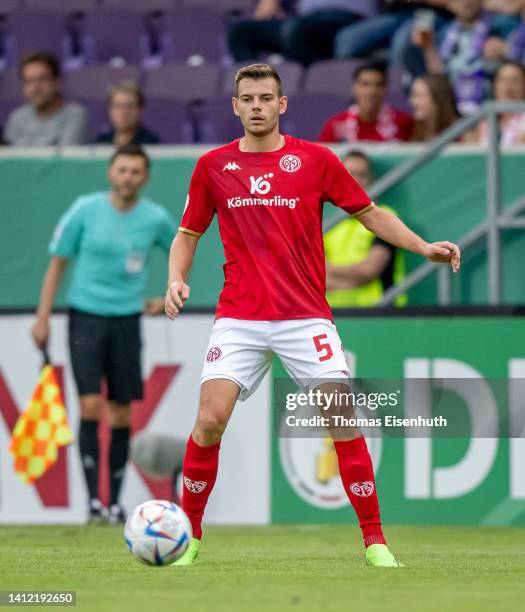 Maxim Leitsch of Mainz in action during the DFB Cup first round match between Erzgebirge Aue and 1. FSV Mainz 05 at Erzgebirgsstadion on July 31,...