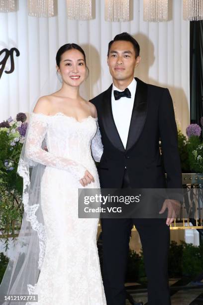 Actor Tony Yang and his wife Melinda Wang pose at their wedding ceremony on July 31, 2022 in Taipei, Taiwan of China.