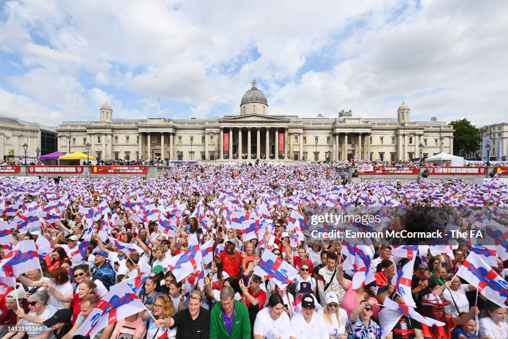 The Lionesses Lift The UEFA Women's Euro Trophy In Victory Celebration For Fans