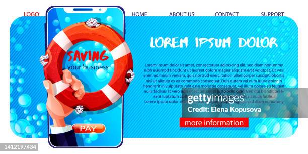 business and business strategy concept. business rescue warning in cartoon style. lifebuoy with a businessman's hand and a mobile phone with an application on an isolated white background. - safety first stock illustrations