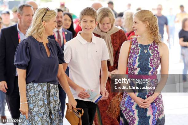 Sophie, Countess of Wessex, James, Viscount Severn and Lady Louise Windsor arrive for the 2022 Commonwealth Games on August 01, 2022 in Birmingham,...