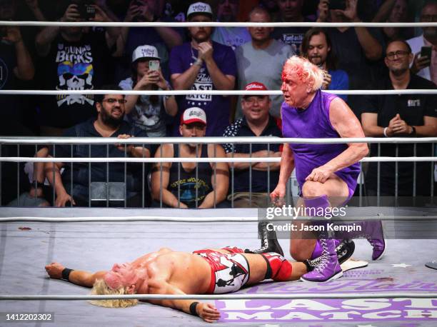 Jeff Jarrett and Ric Flair are seen in action during "Ric Flair's Last Match" at Nashville Municipal Auditorium on July 31, 2022 in Nashville,...