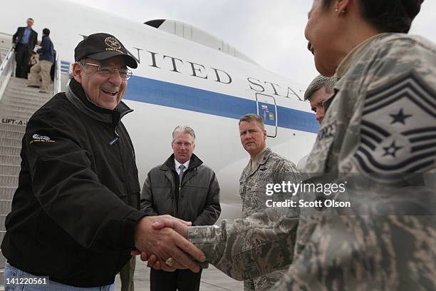 Secretary of Defense Leon Panetta is greeted as he arrives at the Transit Center at Manas on March 13, 2012 near Bishkek, Kyrgyzstan. The base,...