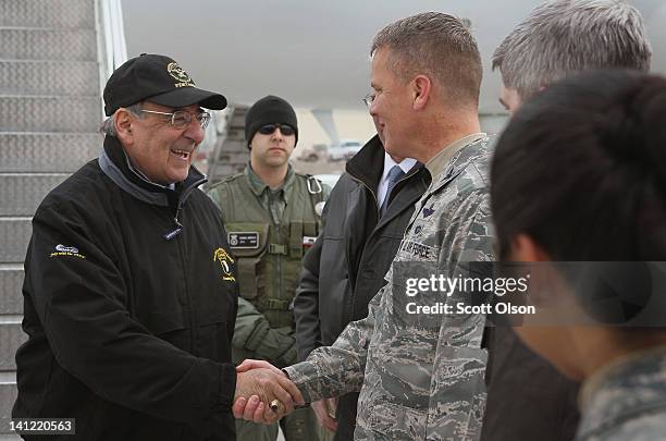 Secretary of Defense Leon Panetta is greeted as he arrives at the Transit Center at Manas on March 13, 2012 near Bishkek, Kyrgyzstan. The base,...