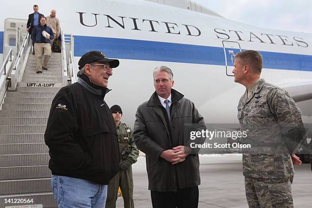 Secretary of Defense Leon Panetta is greeted as he arrives at the Transit Center at Manas on March 13, 2012 near Bishkek, Kyrgyzstan. The base,...